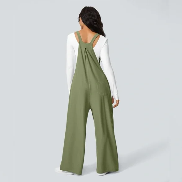 Halara Adjustable Strap Button Multiple Pockets Waffle Casual Overalls Green - Picture 3 of 10